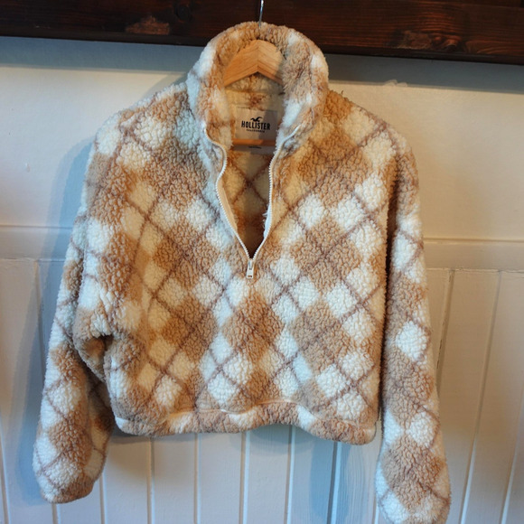 Hollister Sweater XS Tan Cream Argyle Sherpa Fleece Quarter Zip Cozy Sweatshirt - Picture 3 of 10